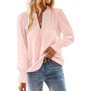 imageFalechay Boho Tops for Women V Neck Blouses Flowy Swiss Dot Dressy Casual Lace Womens Long Sleeve Shirts Trendy 2026Light Pink
