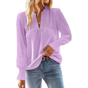 imageFalechay Boho Tops for Women V Neck Blouses Flowy Swiss Dot Dressy Casual Lace Womens Long Sleeve Shirts Trendy 2026Light Purple