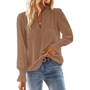 imageFalechay Boho Tops for Women V Neck Blouses Flowy Swiss Dot Dressy Casual Lace Womens Long Sleeve Shirts Trendy 2026Mocha