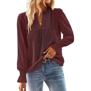 imageFalechay Boho Tops for Women V Neck Blouses Flowy Swiss Dot Dressy Casual Lace Womens Long Sleeve Shirts Trendy 2026Mulberry