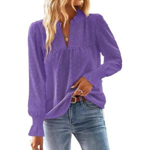 imageFalechay Boho Tops for Women V Neck Blouses Flowy Swiss Dot Dressy Casual Lace Womens Long Sleeve Shirts Trendy 2026Purple