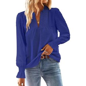imageFalechay Boho Tops for Women V Neck Blouses Flowy Swiss Dot Dressy Casual Lace Womens Long Sleeve Shirts Trendy 2026Royal Blue