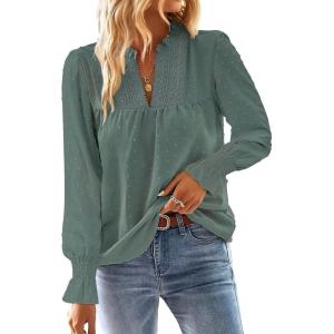 imageFalechay Boho Tops for Women V Neck Blouses Flowy Swiss Dot Dressy Casual Lace Womens Long Sleeve Shirts Trendy 2026Sage Green