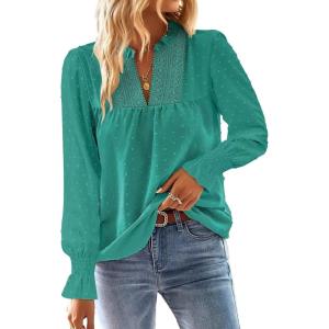 imageFalechay Boho Tops for Women V Neck Blouses Flowy Swiss Dot Dressy Casual Lace Womens Long Sleeve Shirts Trendy 2026Turquoise