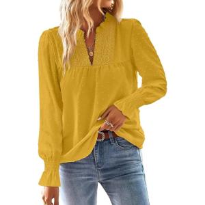 imageFalechay Boho Tops for Women V Neck Blouses Flowy Swiss Dot Dressy Casual Lace Womens Long Sleeve Shirts Trendy 2026Yellow