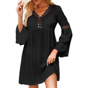 imageFalechay Swimsuit Coverup for Women Long Bell Sleeve Contrast Lace Bathing Suit Cover Up for Swimwear Bikini V Neck LooseBlack