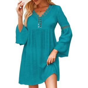 imageFalechay Swimsuit Coverup for Women Long Bell Sleeve Contrast Lace Bathing Suit Cover Up for Swimwear Bikini V Neck LooseMint Green
