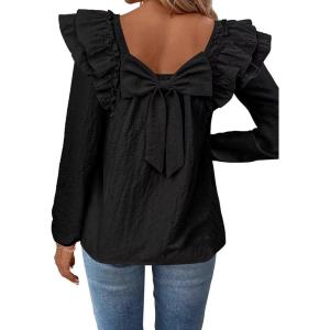 imageFalechay Womens Bow Tie Back Tops Square Neck Long Ruffle Sleeve TShirts Cute Babydoll Chiffon Texture Women Trendy TunicBlack