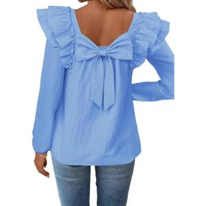 imageFalechay Womens Bow Tie Back Tops Square Neck Long Ruffle Sleeve TShirts Cute Babydoll Chiffon Texture Women Trendy TunicBlue