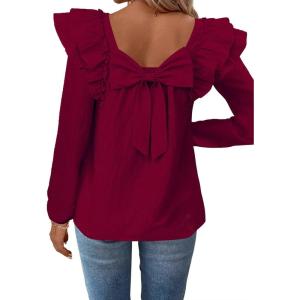 imageFalechay Womens Bow Tie Back Tops Square Neck Long Ruffle Sleeve TShirts Cute Babydoll Chiffon Texture Women Trendy TunicBurgundy