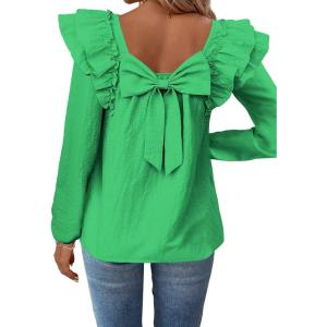 imageFalechay Womens Bow Tie Back Tops Square Neck Long Ruffle Sleeve TShirts Cute Babydoll Chiffon Texture Women Trendy TunicClover Green