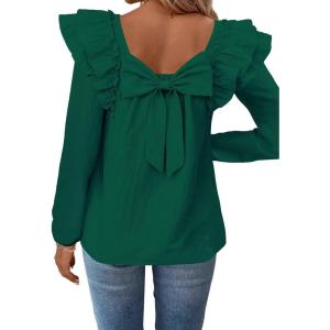 imageFalechay Womens Bow Tie Back Tops Square Neck Long Ruffle Sleeve TShirts Cute Babydoll Chiffon Texture Women Trendy TunicDark Green