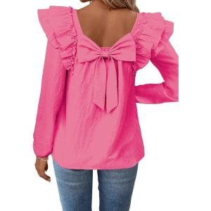 imageFalechay Womens Bow Tie Back Tops Square Neck Long Ruffle Sleeve TShirts Cute Babydoll Chiffon Texture Women Trendy TunicHot Pink