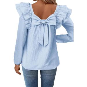 imageFalechay Womens Bow Tie Back Tops Square Neck Long Ruffle Sleeve TShirts Cute Babydoll Chiffon Texture Women Trendy TunicLight Blue