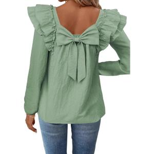 imageFalechay Womens Bow Tie Back Tops Square Neck Long Ruffle Sleeve TShirts Cute Babydoll Chiffon Texture Women Trendy TunicLight Green