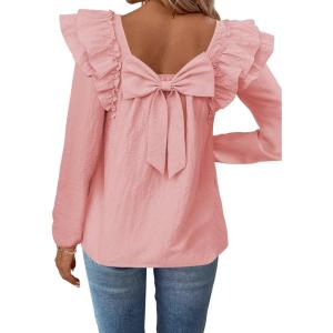 imageFalechay Womens Bow Tie Back Tops Square Neck Long Ruffle Sleeve TShirts Cute Babydoll Chiffon Texture Women Trendy TunicLight Pink