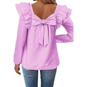 imageFalechay Womens Bow Tie Back Tops Square Neck Long Ruffle Sleeve TShirts Cute Babydoll Chiffon Texture Women Trendy TunicLight Purple