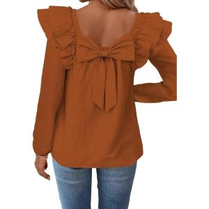 imageFalechay Womens Bow Tie Back Tops Square Neck Long Ruffle Sleeve TShirts Cute Babydoll Chiffon Texture Women Trendy TunicOrange
