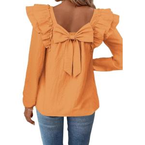 imageFalechay Womens Bow Tie Back Tops Square Neck Long Ruffle Sleeve TShirts Cute Babydoll Chiffon Texture Women Trendy TunicOrange1