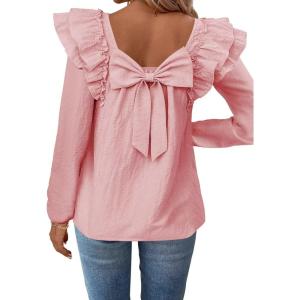 imageFalechay Womens Bow Tie Back Tops Square Neck Long Ruffle Sleeve TShirts Cute Babydoll Chiffon Texture Women Trendy TunicPink