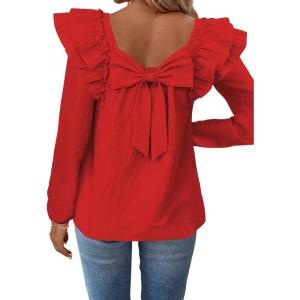 imageFalechay Womens Bow Tie Back Tops Square Neck Long Ruffle Sleeve TShirts Cute Babydoll Chiffon Texture Women Trendy TunicRed