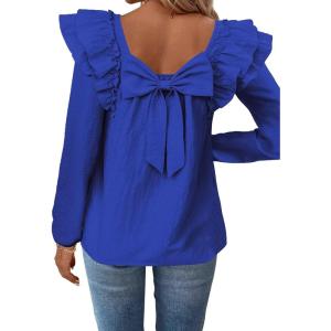 imageFalechay Womens Bow Tie Back Tops Square Neck Long Ruffle Sleeve TShirts Cute Babydoll Chiffon Texture Women Trendy TunicRoyal Blue