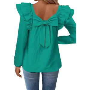 imageFalechay Womens Bow Tie Back Tops Square Neck Long Ruffle Sleeve TShirts Cute Babydoll Chiffon Texture Women Trendy TunicTurquoise