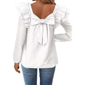 imageFalechay Womens Bow Tie Back Tops Square Neck Long Ruffle Sleeve TShirts Cute Babydoll Chiffon Texture Women Trendy TunicWhite
