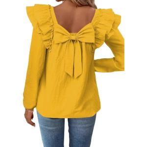 imageFalechay Womens Bow Tie Back Tops Square Neck Long Ruffle Sleeve TShirts Cute Babydoll Chiffon Texture Women Trendy TunicYellow