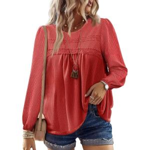 imageFalechay Womens Fall Tops Crewneck Long Sleeve Striped Shirts Dressy Casual Ribbed Blouses Flowy Hem Boho Clothing 2025Bright Red