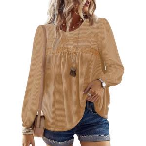 imageFalechay Womens Fall Tops Crewneck Long Sleeve Striped Shirts Dressy Casual Ribbed Blouses Flowy Hem Boho Clothing 2025Brown