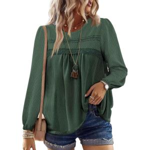 imageFalechay Womens Fall Tops Crewneck Long Sleeve Striped Shirts Dressy Casual Ribbed Blouses Flowy Hem Boho Clothing 2025Dark Green