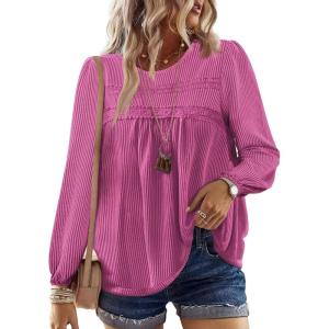 imageFalechay Womens Fall Tops Crewneck Long Sleeve Striped Shirts Dressy Casual Ribbed Blouses Flowy Hem Boho Clothing 2025Hot Pink