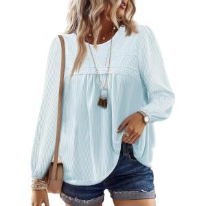 imageFalechay Womens Fall Tops Crewneck Long Sleeve Striped Shirts Dressy Casual Ribbed Blouses Flowy Hem Boho Clothing 2025Light Blue
