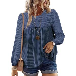 imageFalechay Womens Fall Tops Crewneck Long Sleeve Striped Shirts Dressy Casual Ribbed Blouses Flowy Hem Boho Clothing 2025Navy Blue