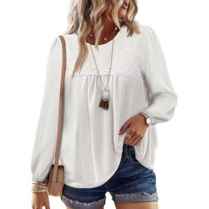 imageFalechay Womens Fall Tops Crewneck Long Sleeve Striped Shirts Dressy Casual Ribbed Blouses Flowy Hem Boho Clothing 2025White