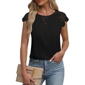 imageFalechay Womens Summer Tops Casual Lace Short Sleeve Blouses Crewneck Cute Flowy Babydoll Bohemian Trendy Tunic ShirtsBlack1