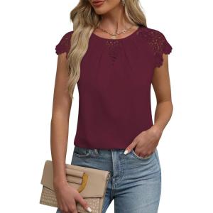 imageFalechay Womens Summer Tops Casual Lace Short Sleeve Blouses Crewneck Cute Flowy Babydoll Bohemian Trendy Tunic ShirtsBurgundy1