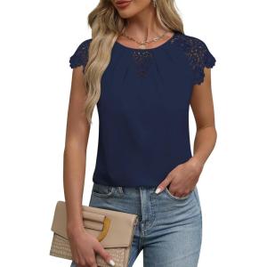 imageFalechay Womens Summer Tops Casual Lace Short Sleeve Blouses Crewneck Cute Flowy Babydoll Bohemian Trendy Tunic ShirtsNavy Blue1