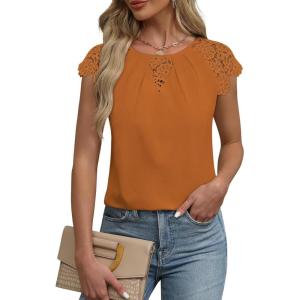 imageFalechay Womens Summer Tops Casual Lace Short Sleeve Blouses Crewneck Cute Flowy Babydoll Bohemian Trendy Tunic ShirtsOrange
