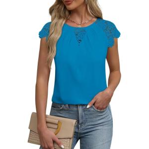 imageFalechay Womens Summer Tops Casual Lace Short Sleeve Blouses Crewneck Cute Flowy Babydoll Bohemian Trendy Tunic ShirtsRoyal Blue