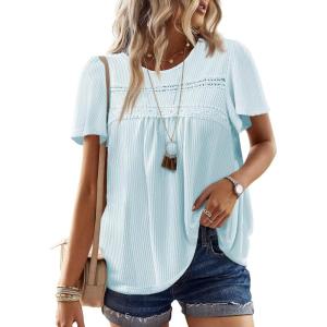imageFalechay Womens Summer Tops Crewneck Short Sleeve Striped Shirts Casual Ribbed Blouses Flowy Hem Boho Clothing 2026Light Blue