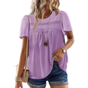 imageFalechay Womens Summer Tops Crewneck Short Sleeve Striped Shirts Casual Ribbed Blouses Flowy Hem Boho Clothing 2026Light Purple