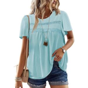 imageFalechay Womens Summer Tops Crewneck Short Sleeve Striped Shirts Casual Ribbed Blouses Flowy Hem Boho Clothing 2026Light Teal