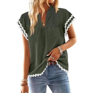 imageFalechay Womens Tops Summer Short Ruffle Sleeve V Neck Blouses Cute Boho Swiss Dot Lace Shirts Casual Flowy RIC Rac Trims TeeArmy Greenw