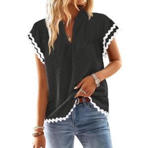 imageFalechay Womens Tops Summer Short Ruffle Sleeve V Neck Blouses Cute Boho Swiss Dot Lace Shirts Casual Flowy RIC Rac Trims TeeBlackw