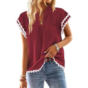 imageFalechay Womens Tops Summer Short Ruffle Sleeve V Neck Blouses Cute Boho Swiss Dot Lace Shirts Casual Flowy RIC Rac Trims TeeBurgundyw