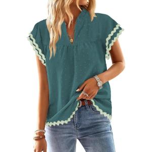 imageFalechay Womens Tops Summer Short Ruffle Sleeve V Neck Blouses Cute Boho Swiss Dot Lace Shirts Casual Flowy RIC Rac Trims TeeCyang