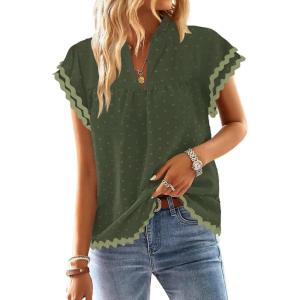 imageFalechay Womens Tops Summer Short Ruffle Sleeve V Neck Blouses Cute Boho Swiss Dot Lace Shirts Casual Flowy RIC Rac Trims TeeGreeny