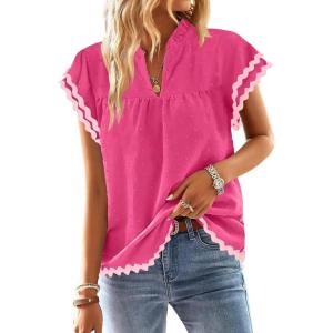 imageFalechay Womens Tops Summer Short Ruffle Sleeve V Neck Blouses Cute Boho Swiss Dot Lace Shirts Casual Flowy RIC Rac Trims TeeHot Pinkp